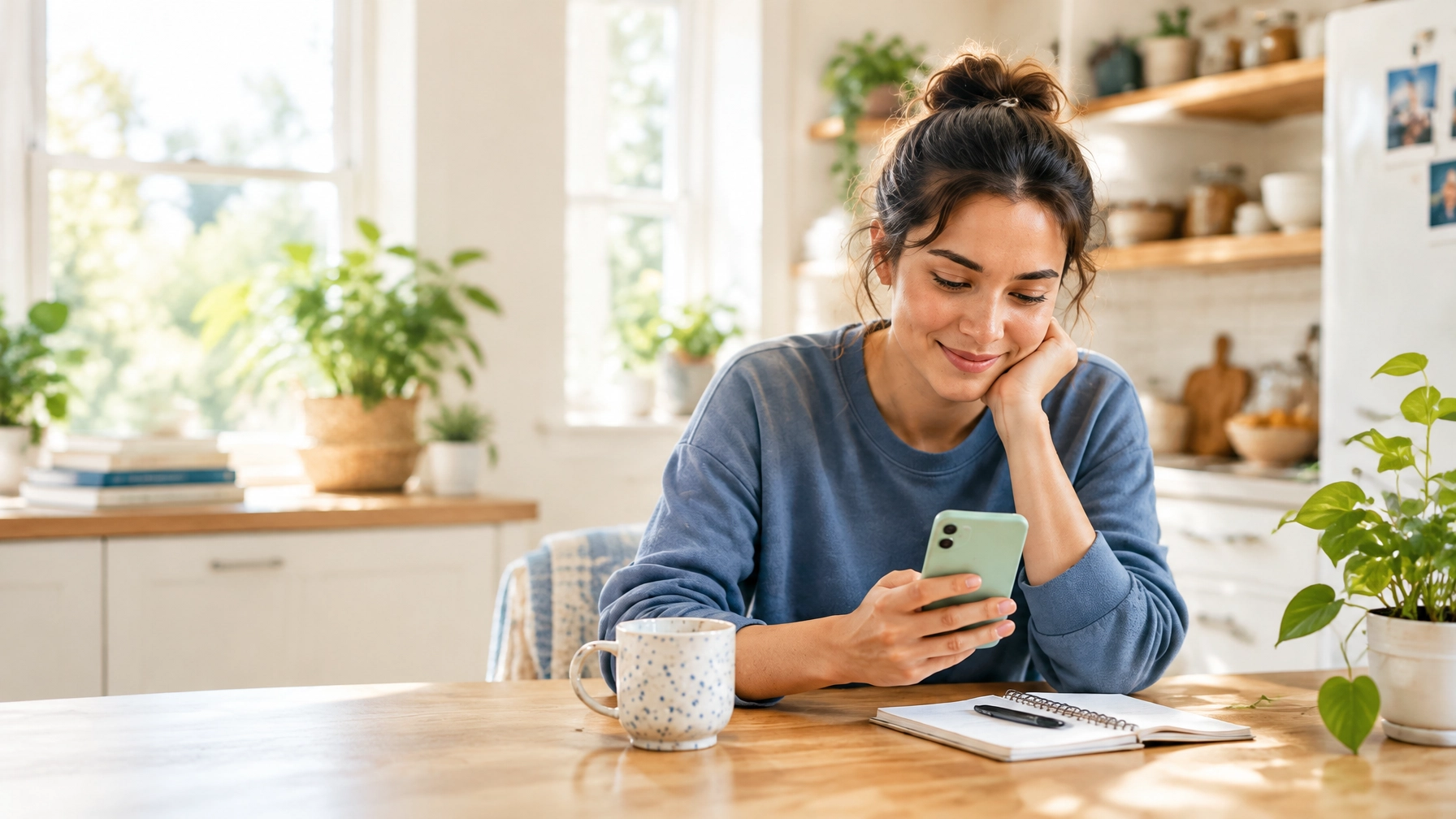 A woman checking her phone at home, illustrating a calmer way to plan between paydays